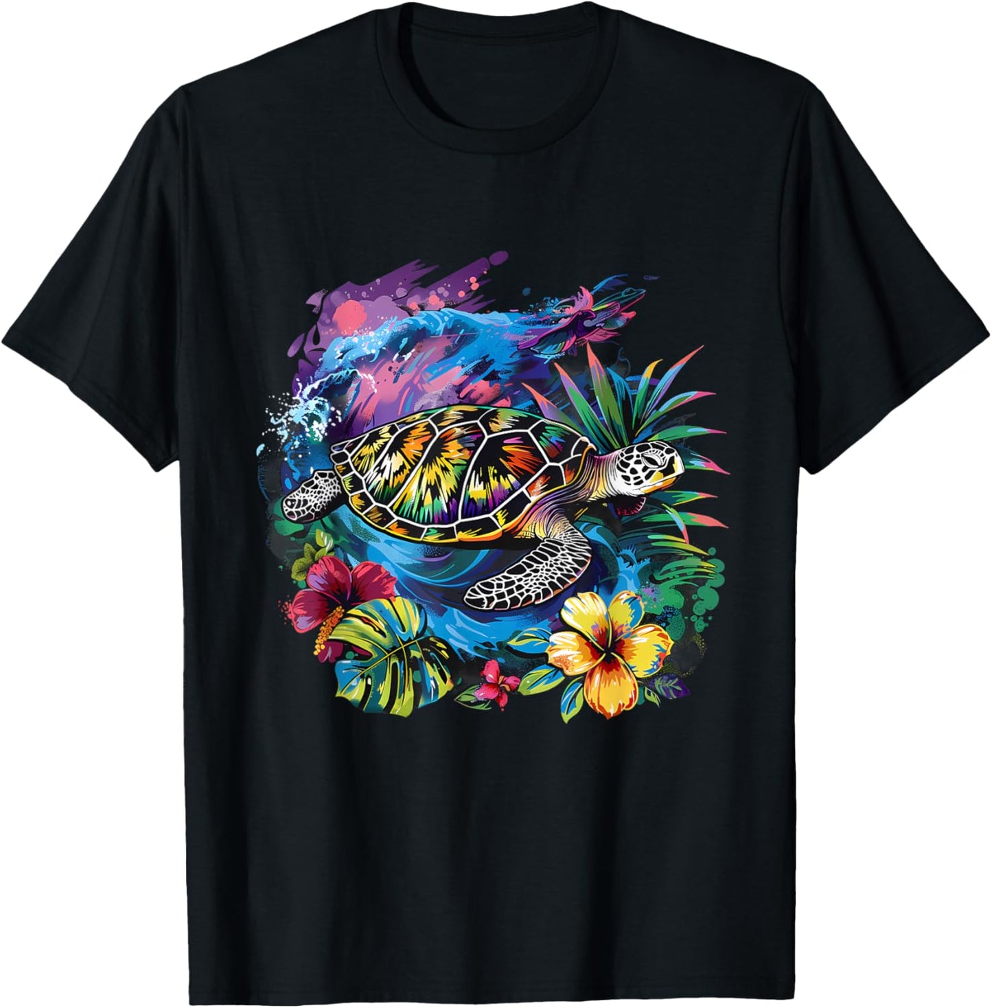 Sea Turtle Floral Artwork Marine Mammal Sea Ocean Animal T-Shirt - T-Shirt | Black