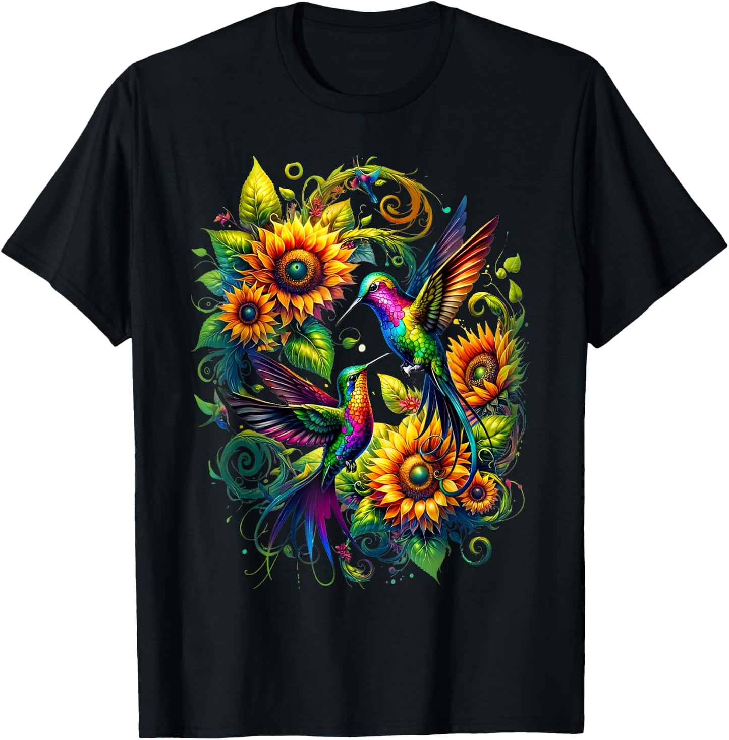 Colorful Hummingbird Sunflower Birds Watching Art Women Men T-Shirt - T-Shirt | Black