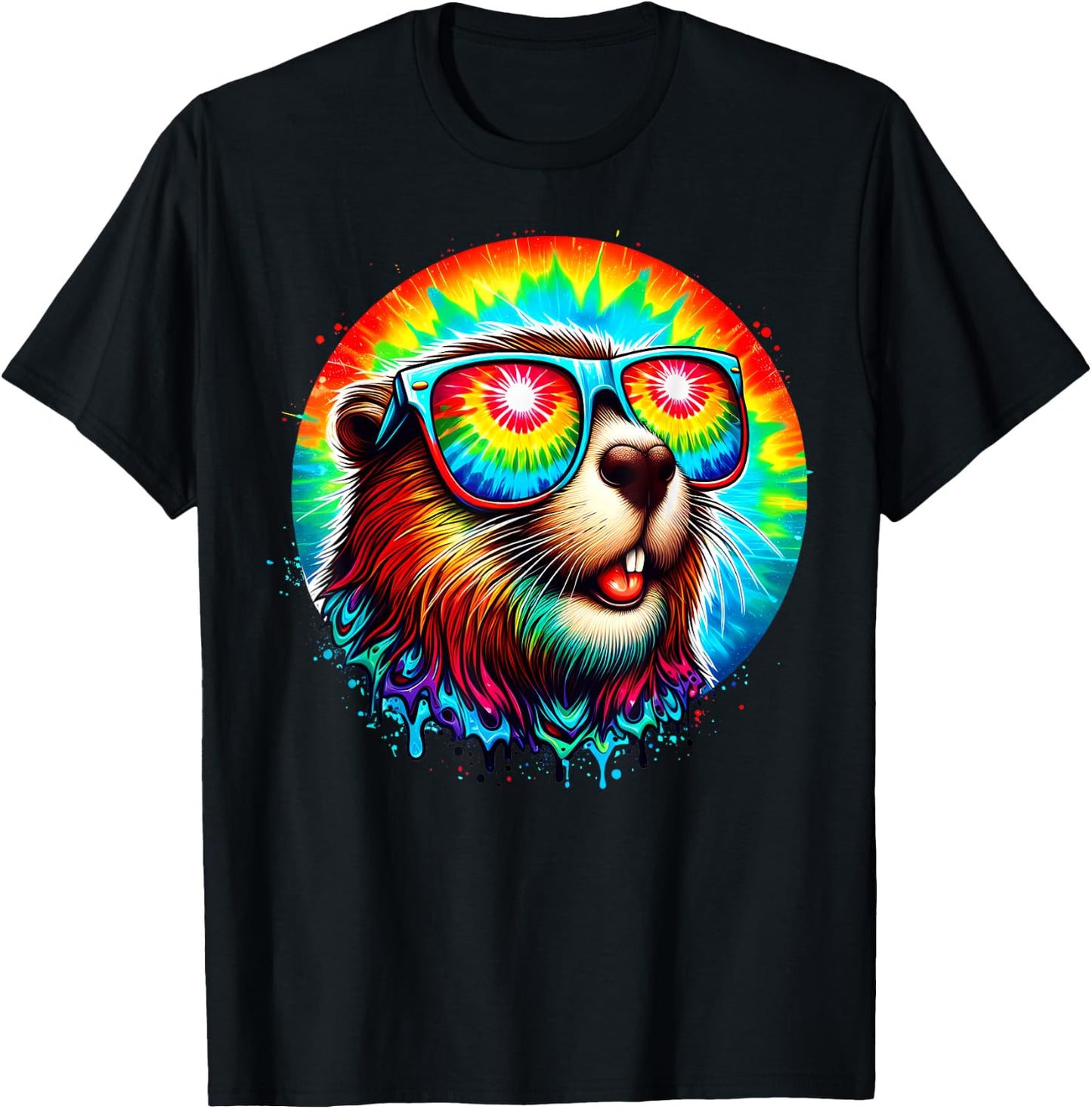 Cool Tie Dye Sunglasses Beaver Illustration Graphic Art T-Shirt - T-Shirt | Black
