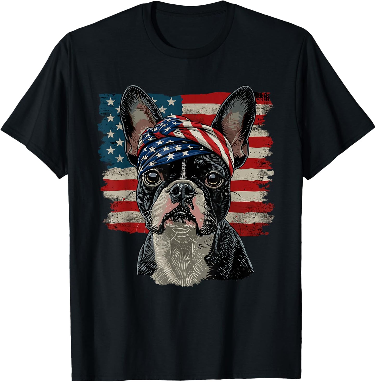 Boston Terrier Patriotic 4th Of July USA American Flag T-Shirt - T-Shirt | Black