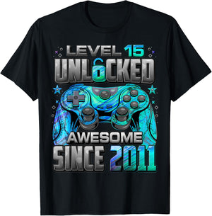 Level 15 Unlocked Awesome Since 2011 15th Birthday Gaming T-Shirt - T-Shirt | Black