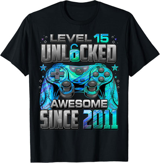 Level 15 Unlocked Awesome Since 2011 15th Birthday Gaming T-Shirt - T-Shirt | Black