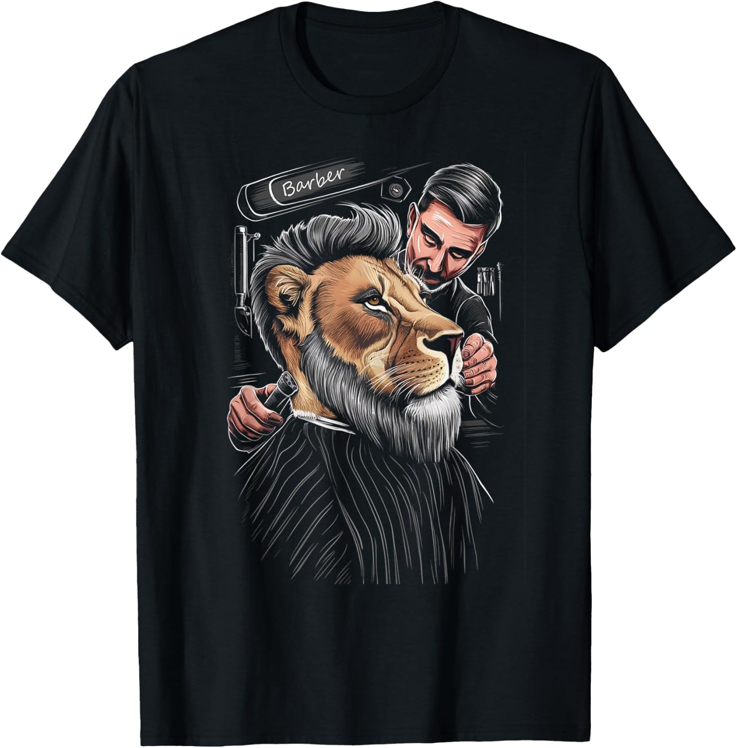 Cool-Looking Lion in a Barber Shop, Having a Haircut Funny T-Shirt - T-Shirt | Black