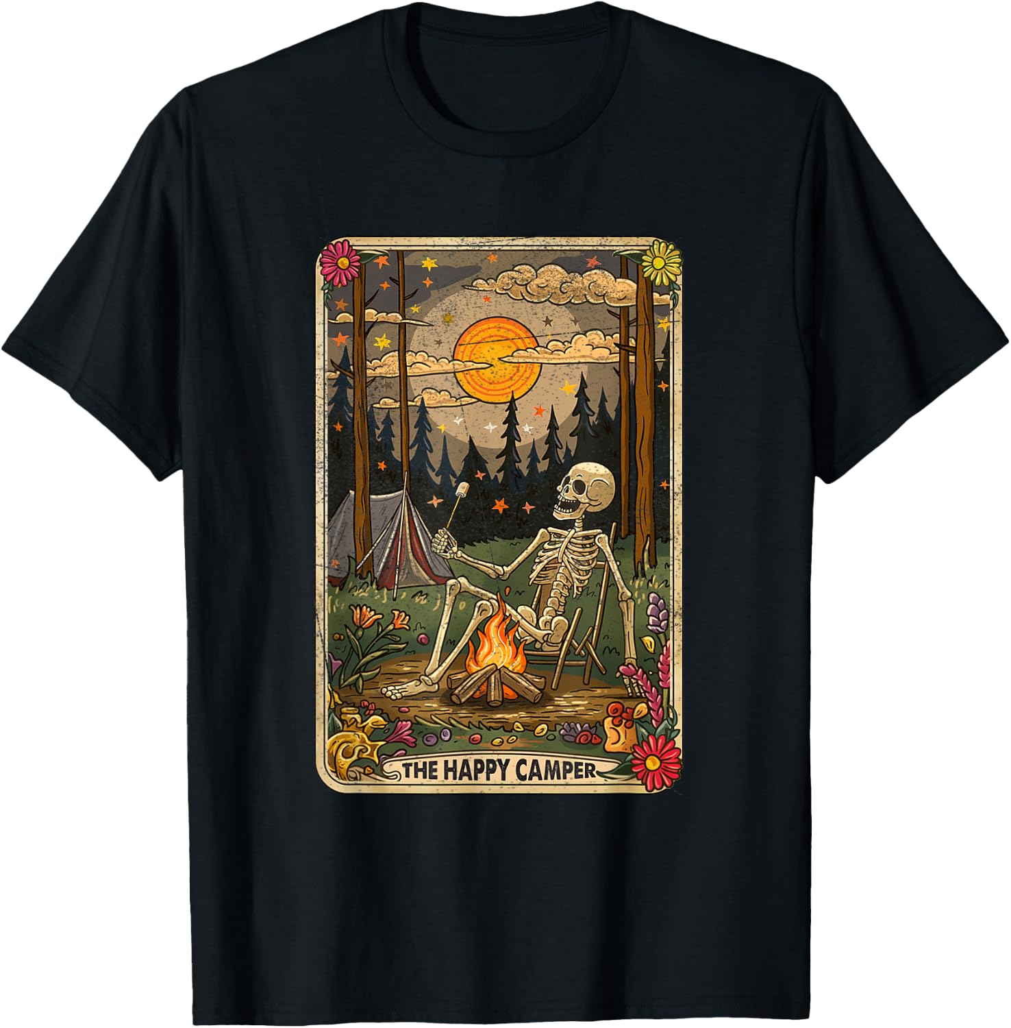 The Happy Camper Cute Skeleton Marshmallow Mystic Tarot Card T-Shirt - T-Shirt | Black