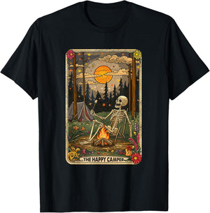 The Happy Camper Cute Skeleton Marshmallow Mystic Tarot Card T-Shirt - T-Shirt | Black