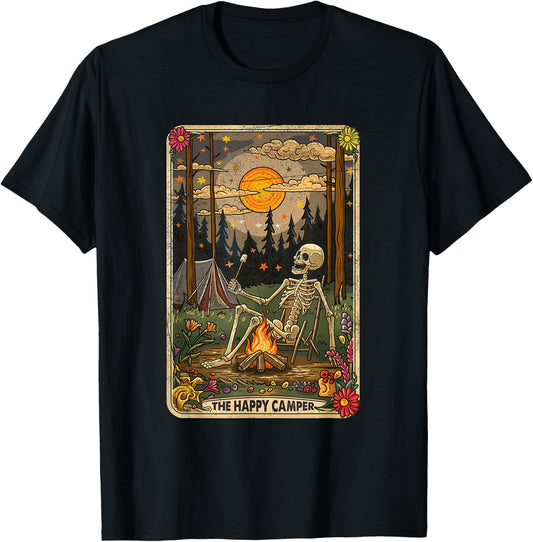 The Happy Camper Cute Skeleton Marshmallow Mystic Tarot Card T-Shirt - T-Shirt | Black