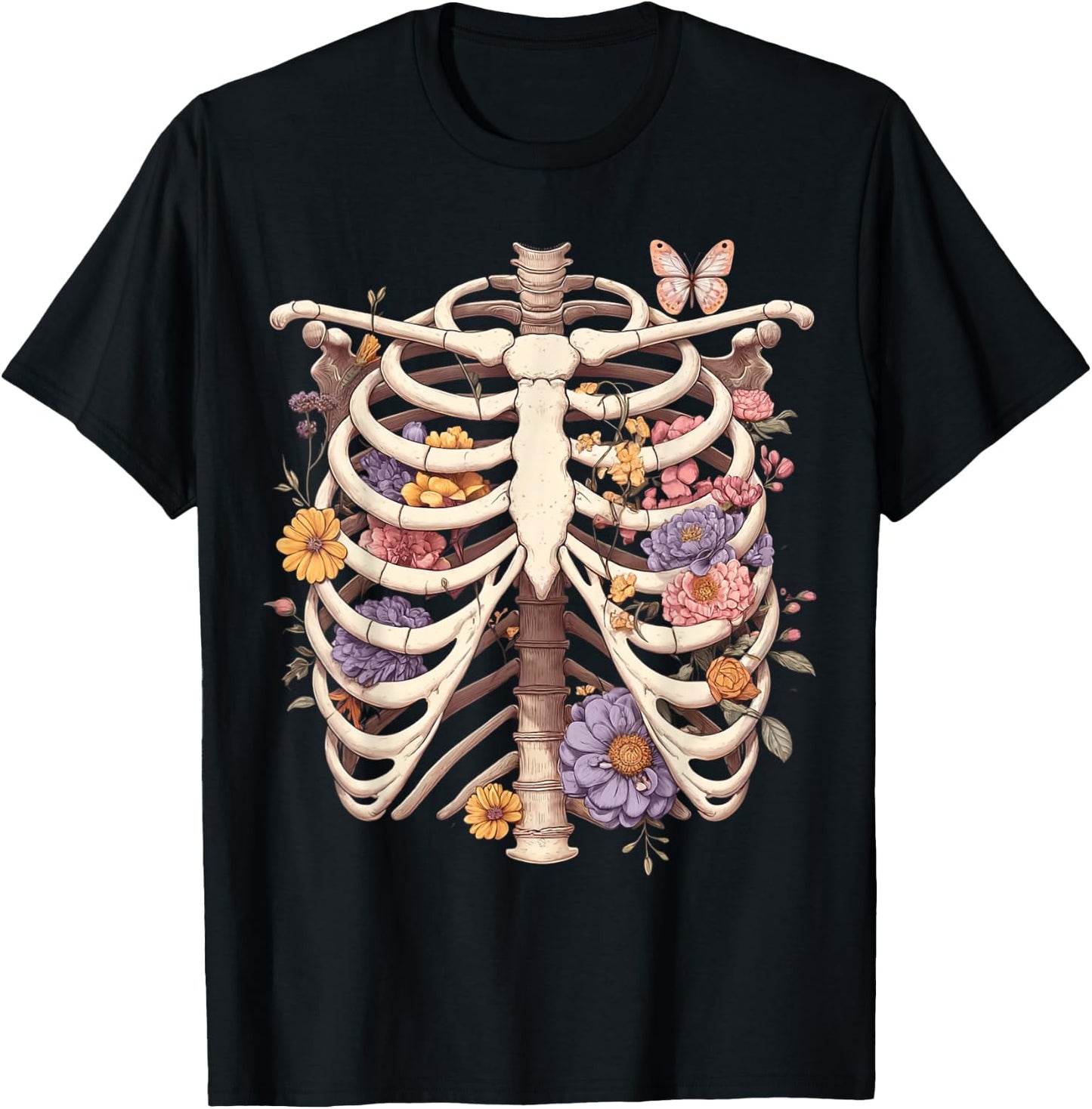 Goth Heart Ribcage with Butterflies and Flowers Skeleton T-Shirt - T-Shirt | Black