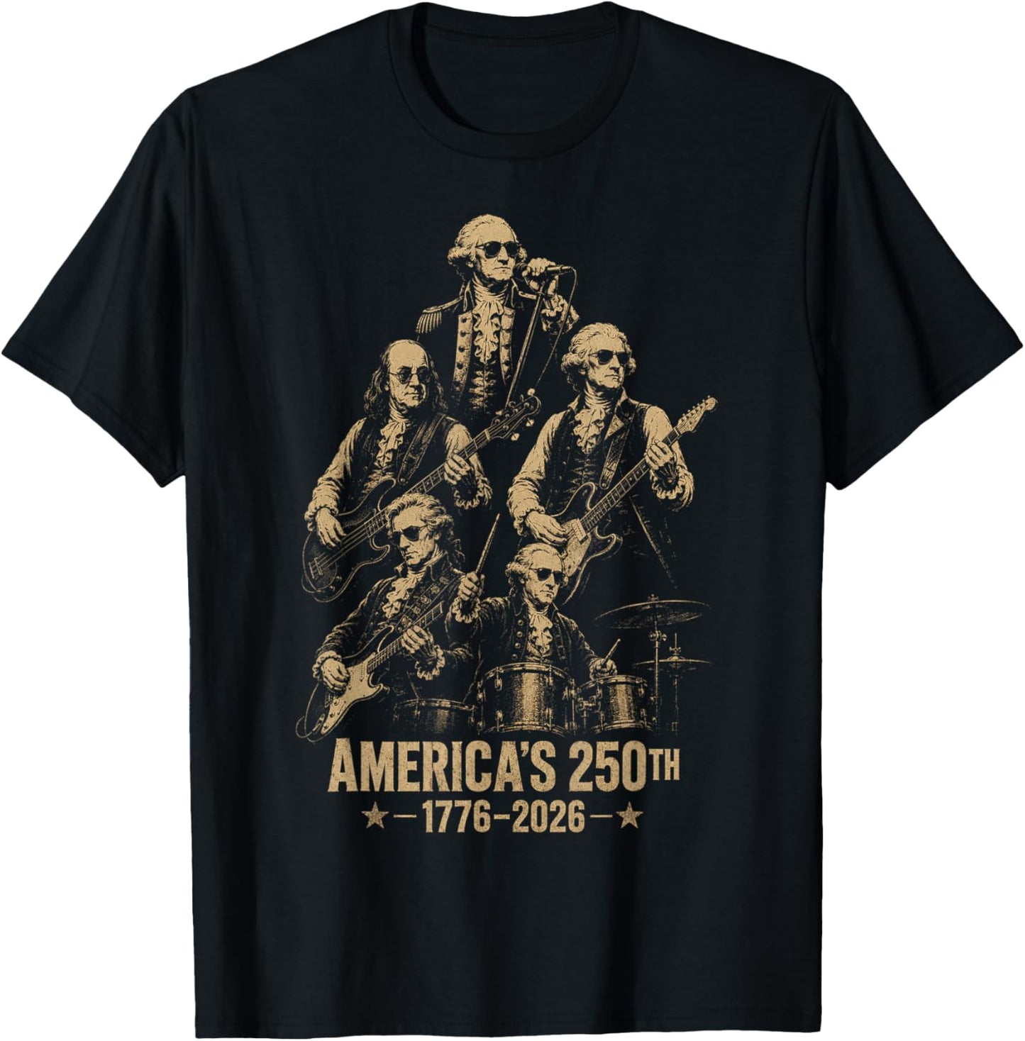 Founding Fathers Playing Guitar 4th July 250th Anniversary T-Shirt - T-Shirt | Black