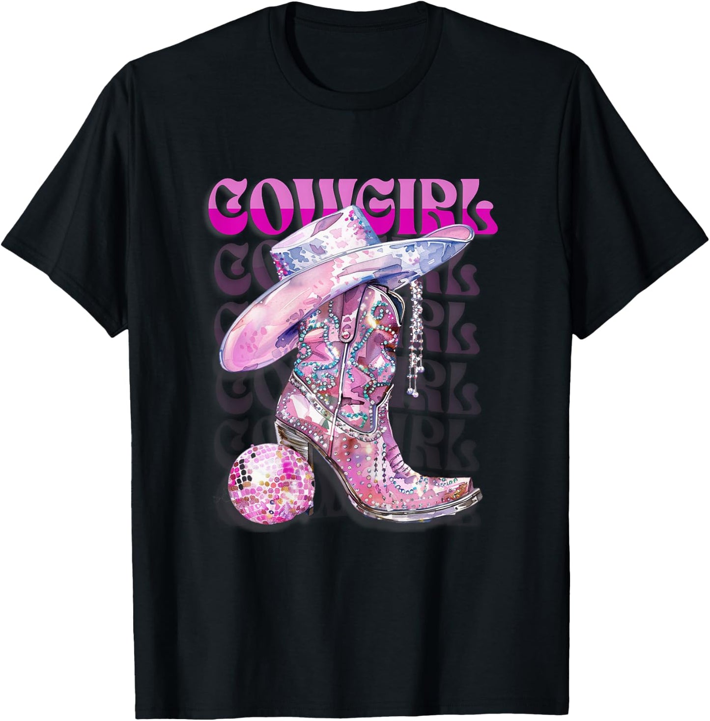 Pink Cowgirl Boots Disco Western Country Cow Girl Coastal T-Shirt - T-Shirt | Black