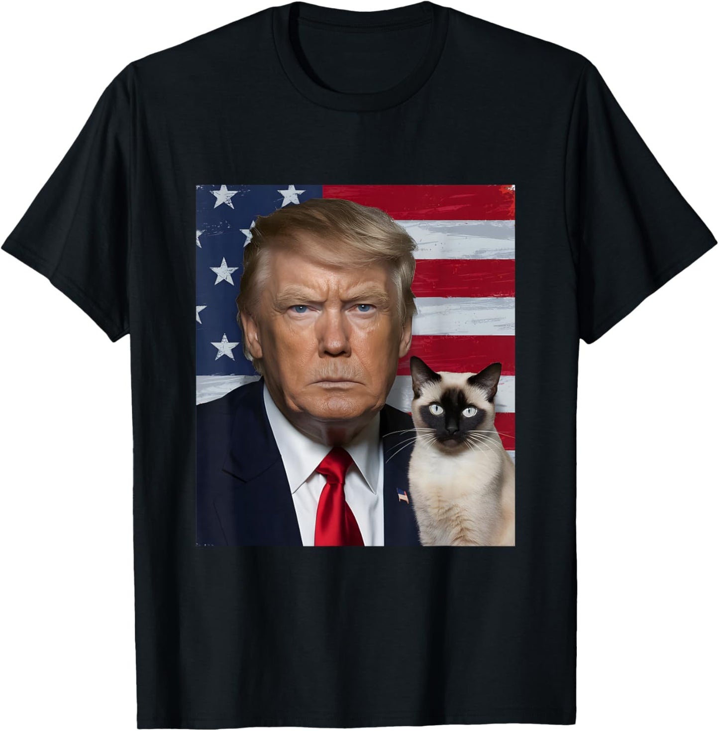 Funny Trump And Siamese Cat Political USA Flag Election 2024 T-Shirt - T-Shirt | Black
