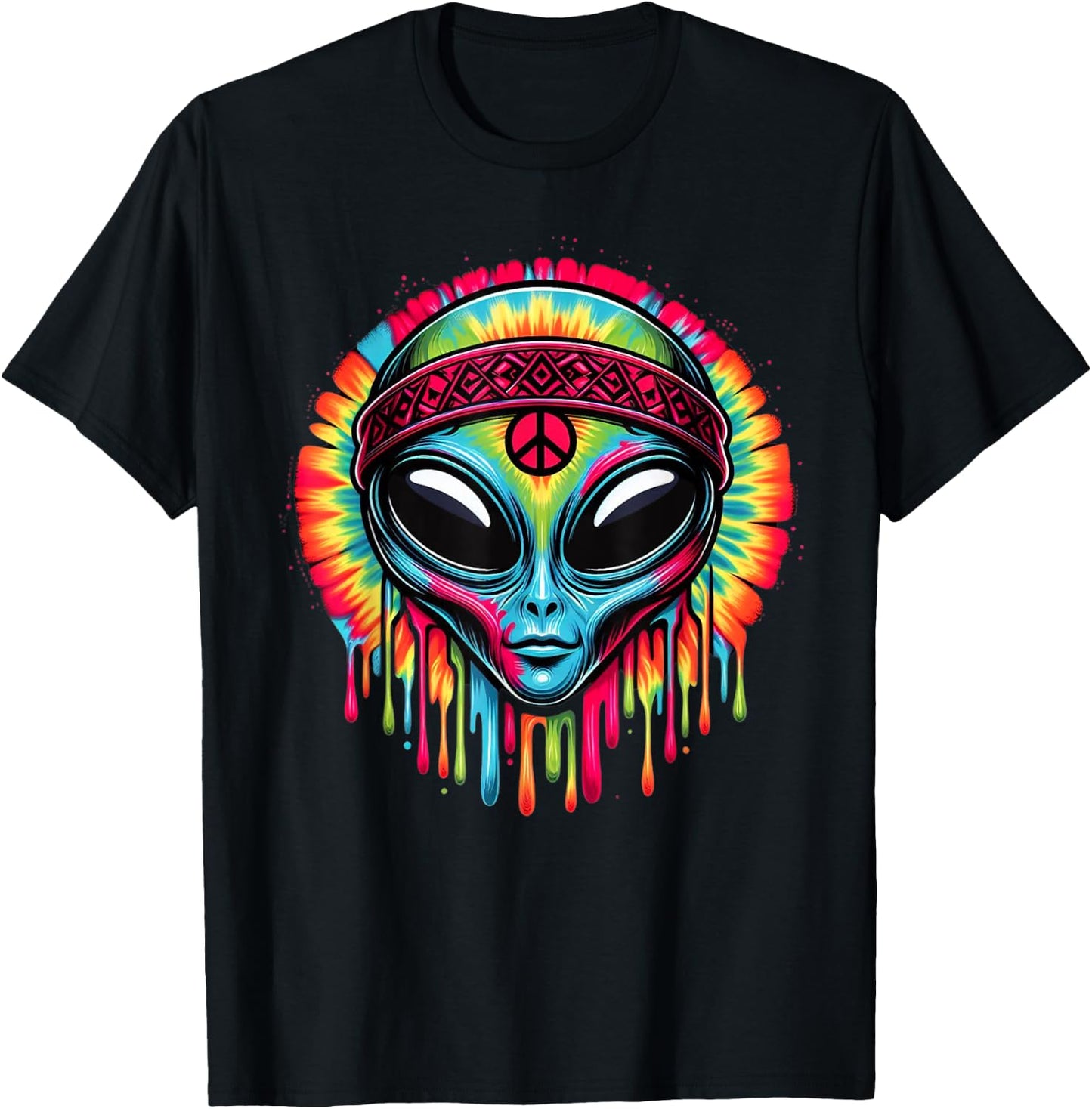 Tie-Dye Alien Peace Sign Funny Boho Hippie T-Shirt - T-Shirt | Black