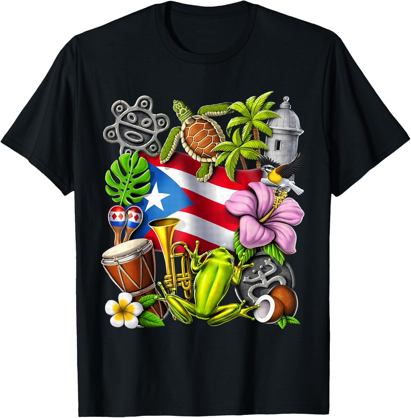Puerto Rico Boricua Coqui Frog Taino Sun Puerto Rican Flag T-Shirt - T-Shirt | Black