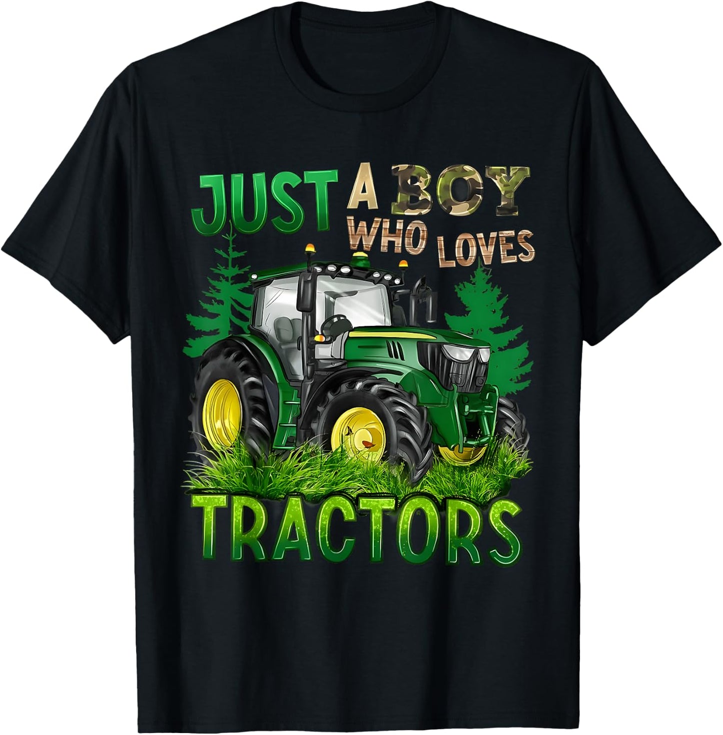 JUST A BOY WHO LOVES TRACTORS Green Farm Trucks Tractors T-Shirt - T-Shirt | Black