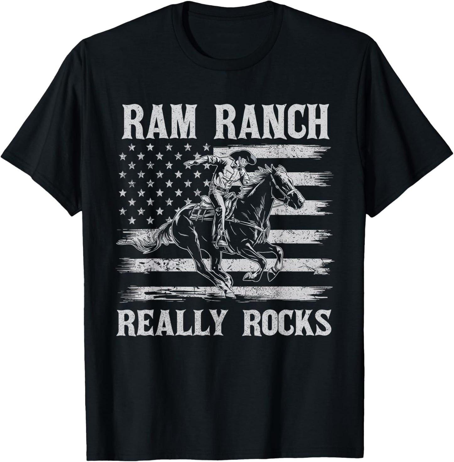 Ram Ranch Really Rocks Cowboy Horseback Vintage USA Flag T-Shirt - T-Shirt | Black