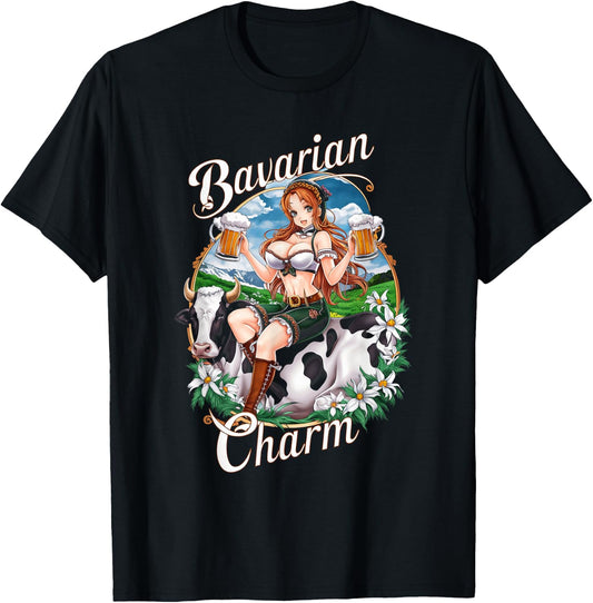 Bavarian Anime Girl with Beer Mugs German Manga T-Shirt - T-Shirt | Black