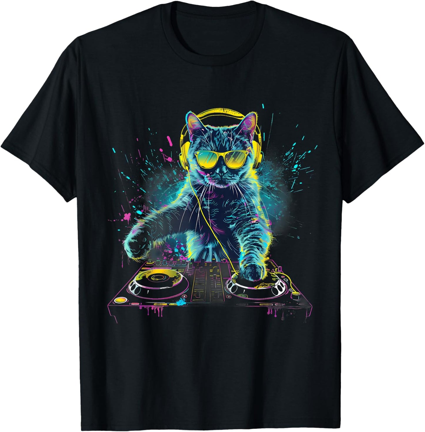 DJ Cat Splash House Music Beatmaker EDM Turntable DJ Cat T-Shirt - T-Shirt | Black