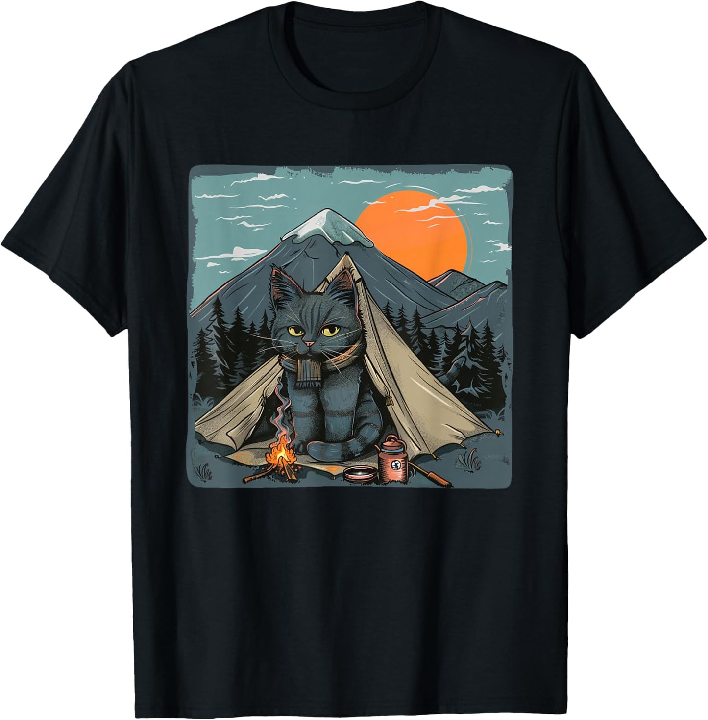 Awesome Nature Camping Cat with nice Mountains and Sunset T-Shirt - T-Shirt | Black