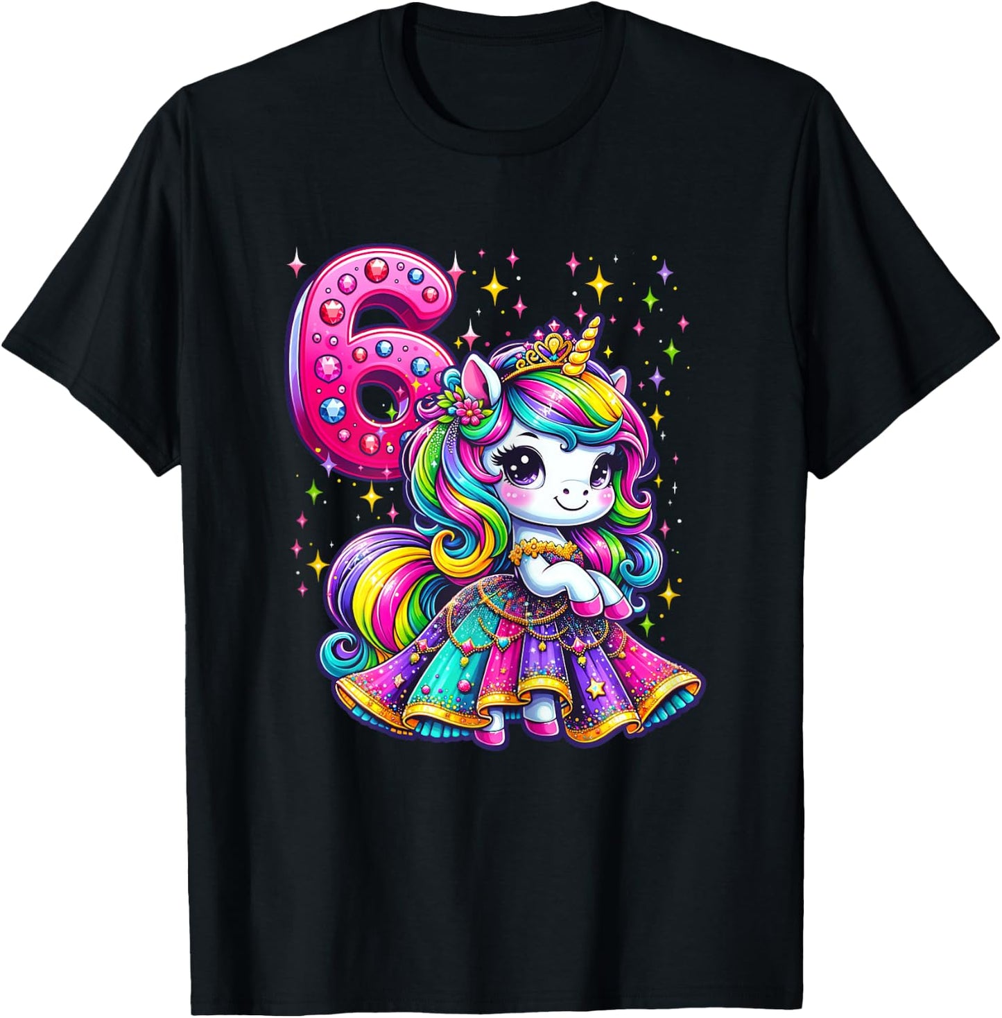 Unicorn Princess 6th Birthday 6 Year Old Party Girls Outfit T-Shirt - T-Shirt | Black