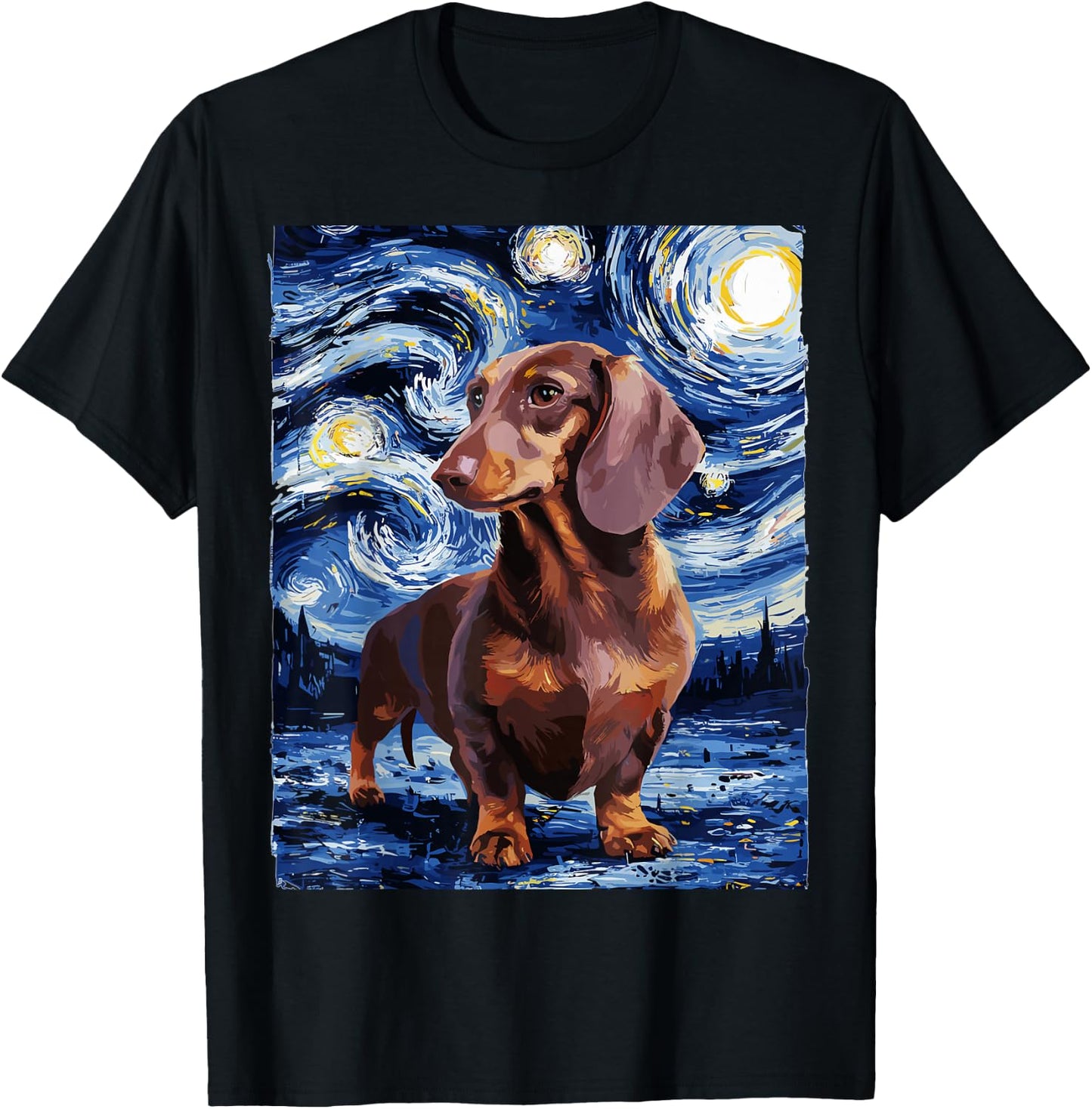 Gifts For Dachshund Dog Lovers Van Gogh Style Starry Night Men Women Girls Kids T-Shirt - T-Shirt | Black