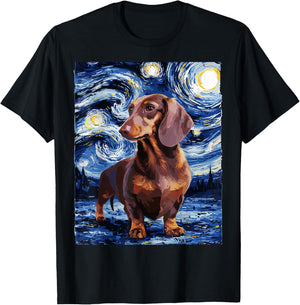 Gifts For Dachshund Dog Lovers Van Gogh Style Starry Night Men Women Girls Kids T-Shirt - T-Shirt | Black