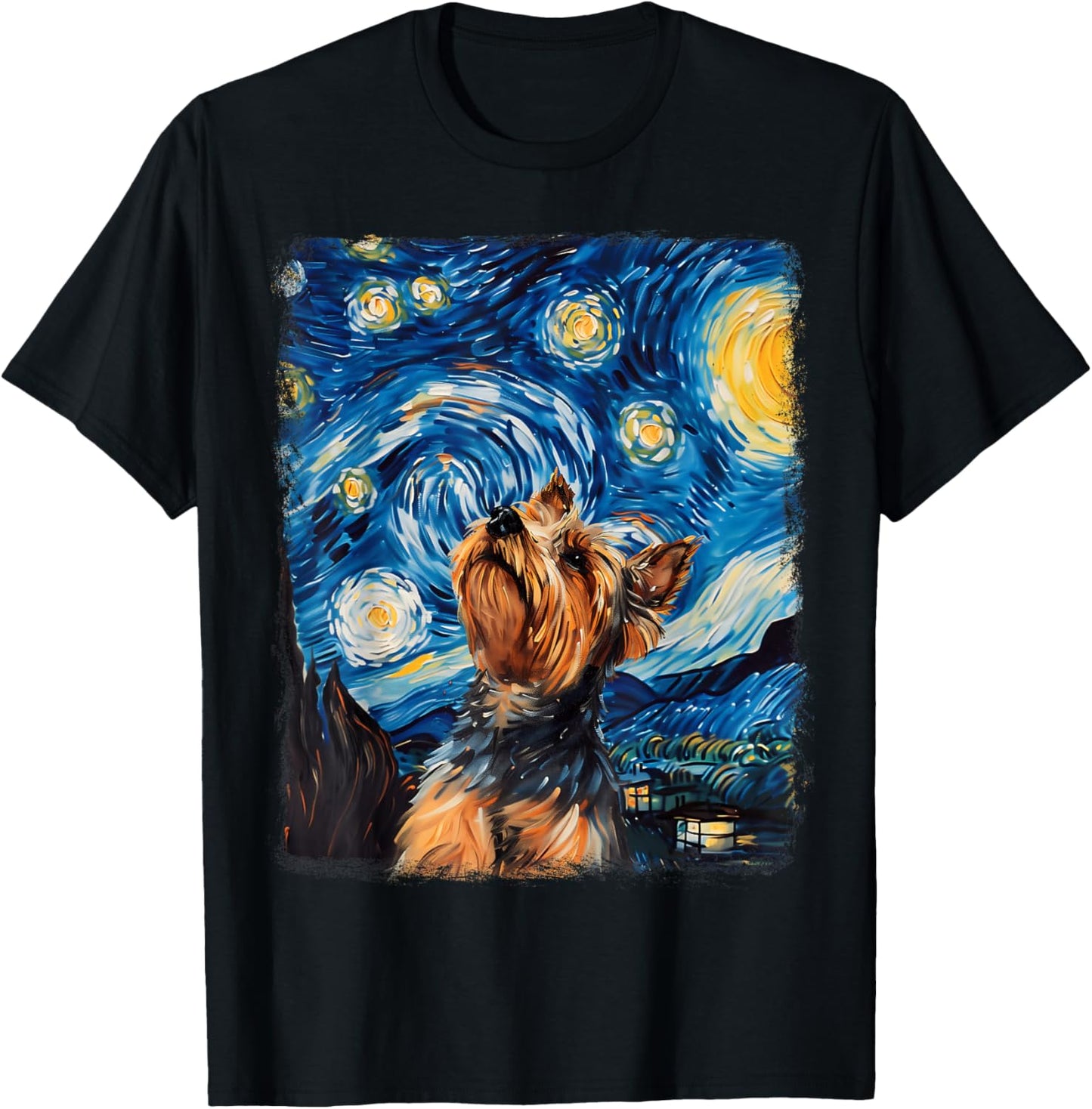 Yorkshire Terrier Dog Yorkie Starry Night Painting T-Shirt - T-Shirt | Black