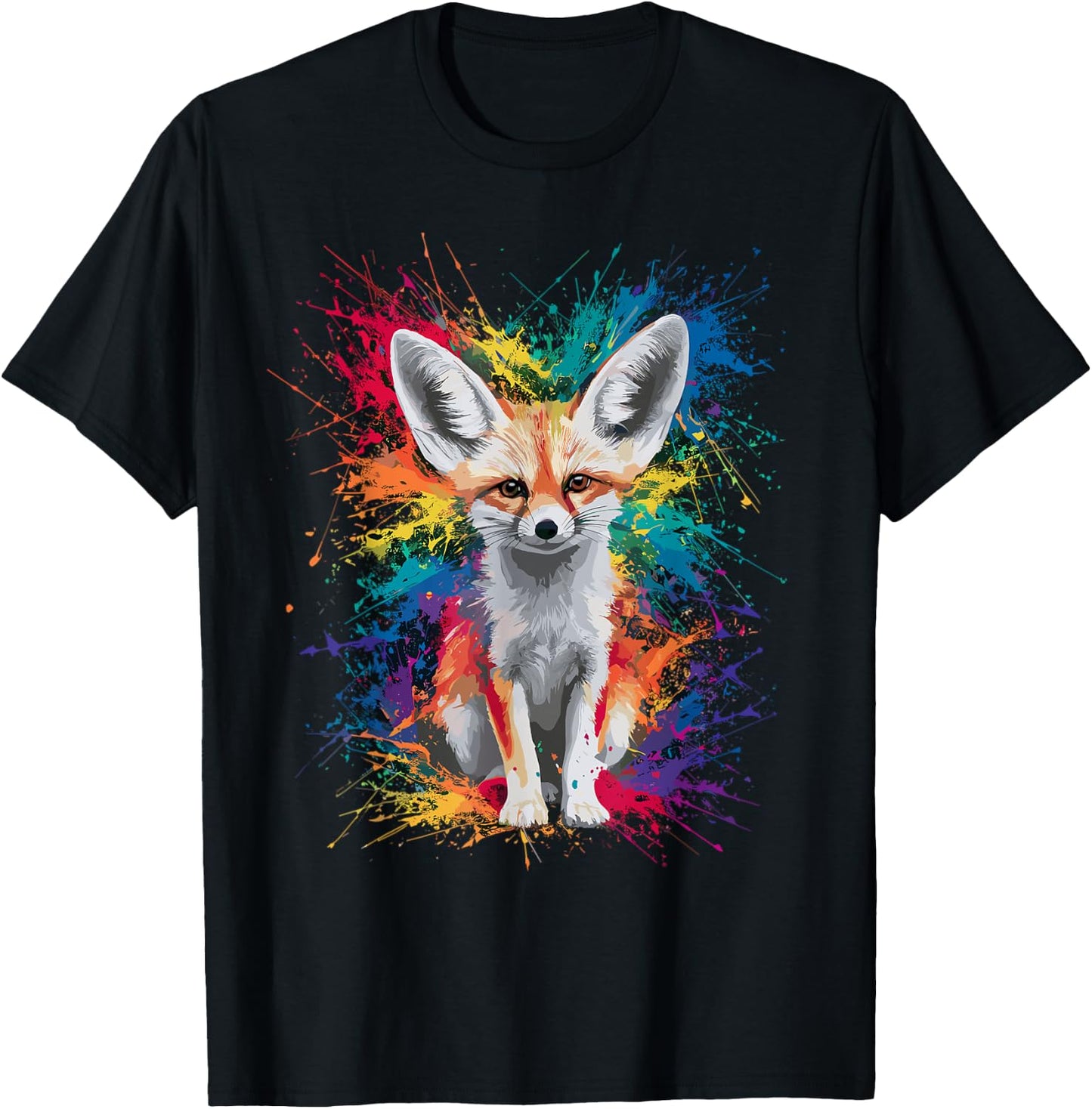 Colorful Paint Splash Cute Fennec Fox Art Graphic T-Shirt - T-Shirt | Black