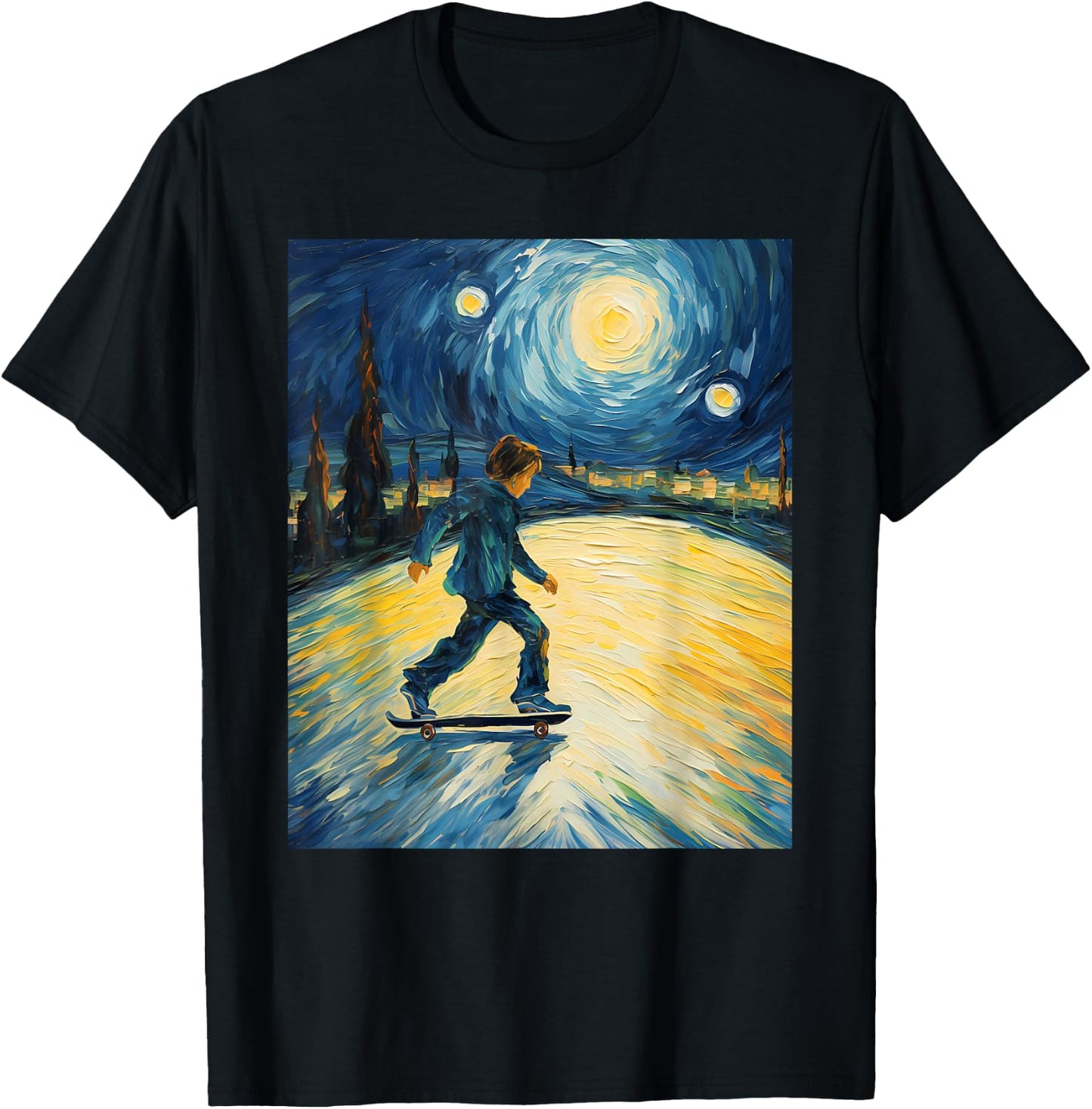 Aesthetic Surrealism Starry Night Boy Skateboarding T-Shirt - T-Shirt | Black