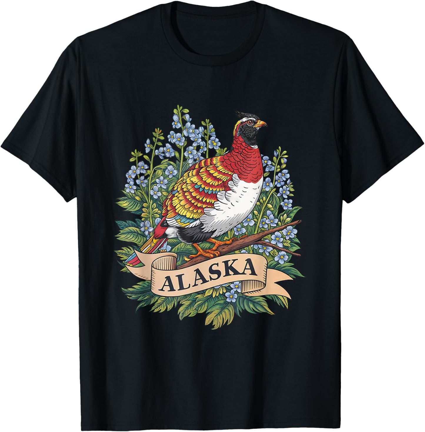 Alaska Willow Ptarmigan Bird and Forget-Me-Not Flower T-Shirt - T-Shirt | Black