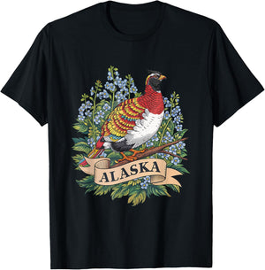 Alaska Willow Ptarmigan Bird and Forget-Me-Not Flower T-Shirt - T-Shirt | Black