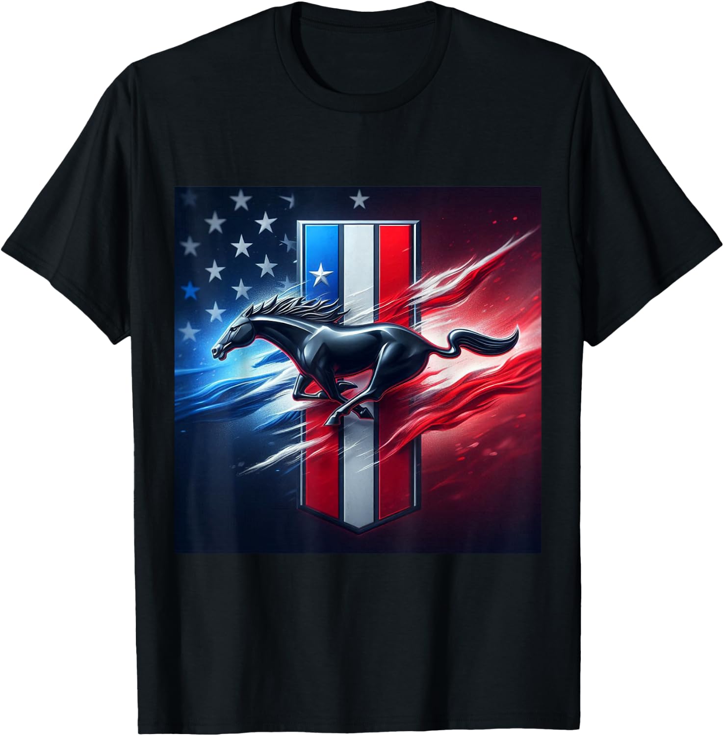 Galloping Mustang on Tri-Bar & Flag Background T-Shirt - T-Shirt | Black