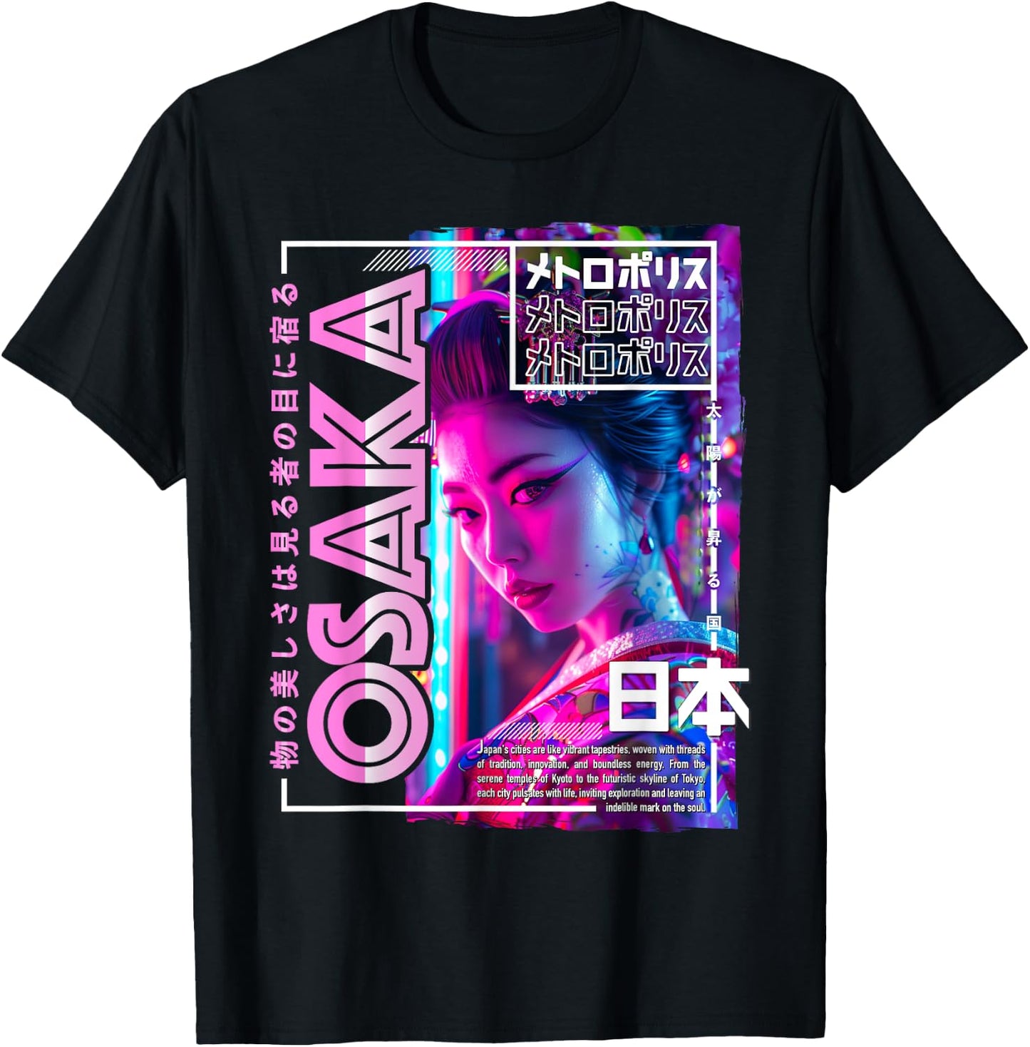 Osaka City 80s Synthwave Geisha Japan Osaka T-Shirt - T-Shirt | Black