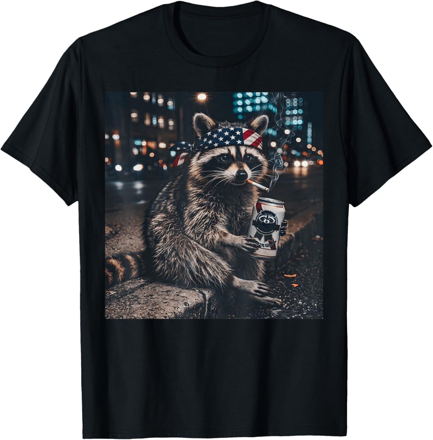 Funny Racoon Drinking Beer Patriotic 4th of July Meme T-Shirt - T-Shirt | Black