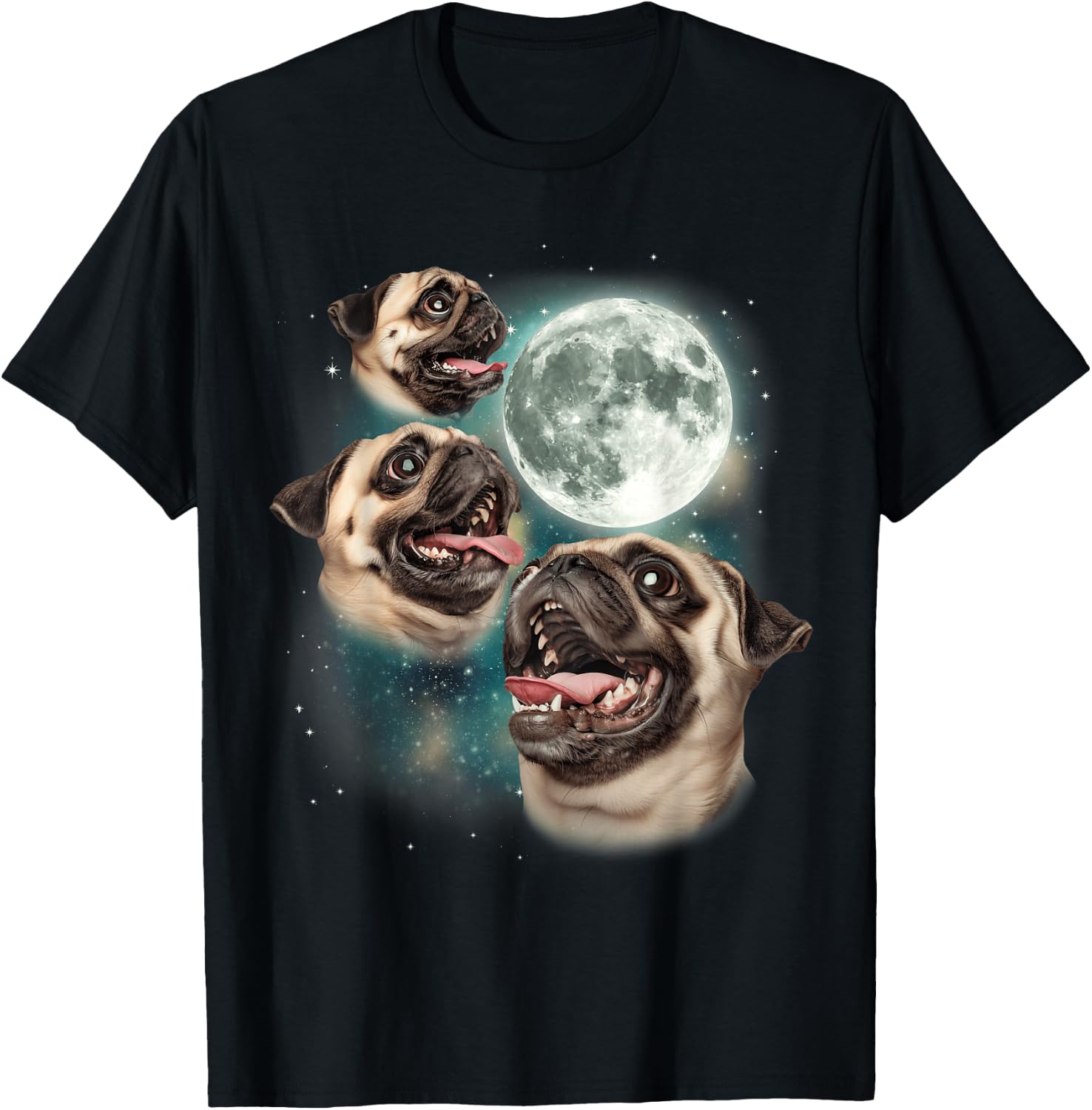 Three Pug Moon | 3 Pug Howling Funny Cute Dog Lover T-Shirt - T-Shirt | Black
