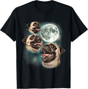 Three Pug Moon | 3 Pug Howling Funny Cute Dog Lover T-Shirt - T-Shirt | Black