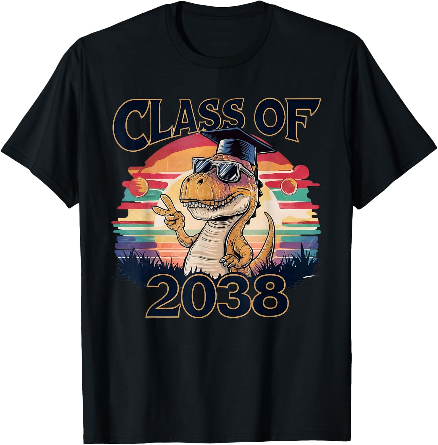 Class of 2038 Dinosaur Peace sign hand Graduation retro T-Shirt - T-Shirt | Black
