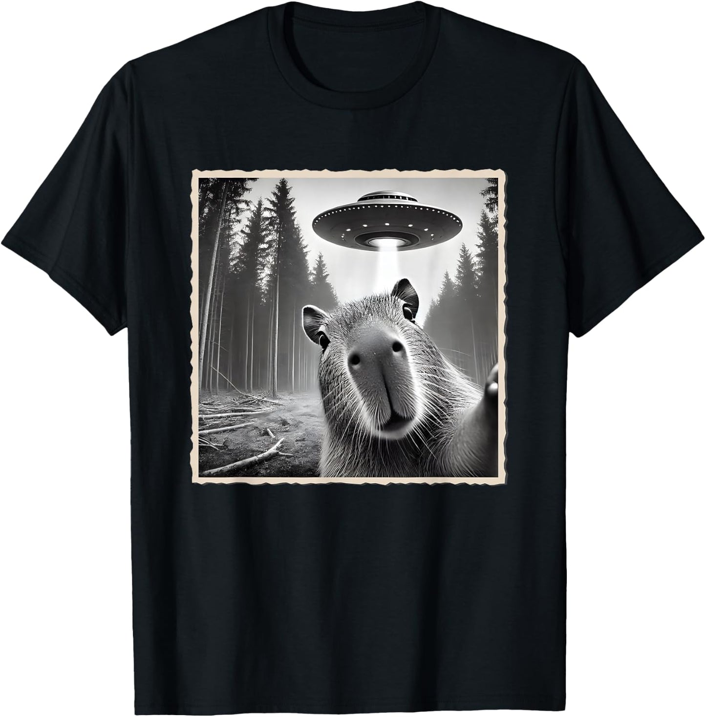 Funny Capybara Selfie With UFO | Capybara T-Shirt - T-Shirt | Black