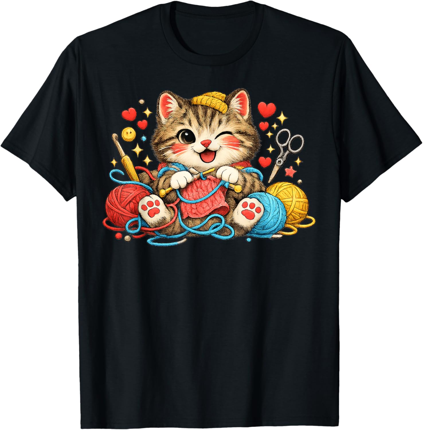 Funny Knitting Cat Crochet Yarn Lover Cute Cat Design T-Shirt - T-Shirt | Black