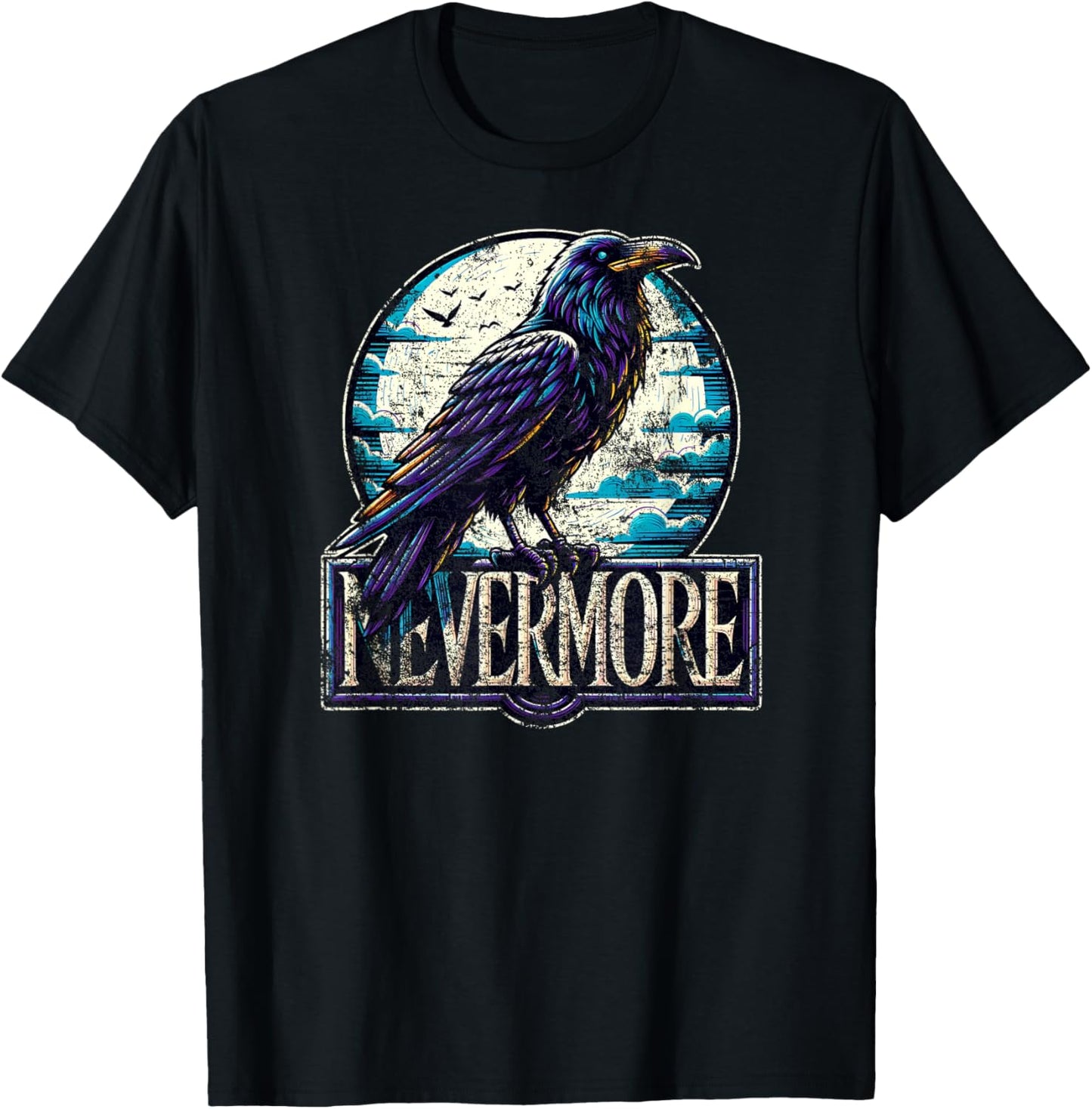 Nevermore with Raven Edgar Allan Poe Distressed T-Shirt - T-Shirt | Black