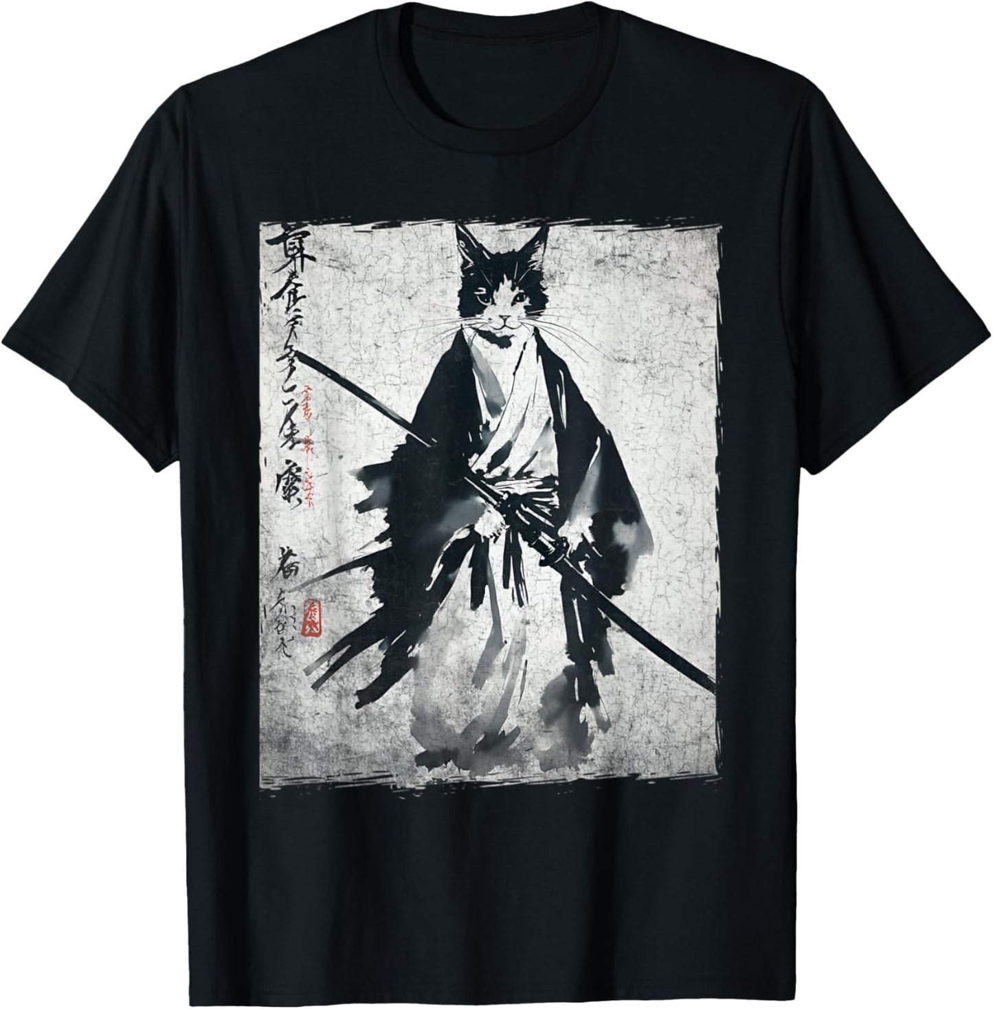 Samurai Cat Ukiyo-e Warrior Art Vintage Ninja Cat Graphic T-Shirt - T-Shirt | Black