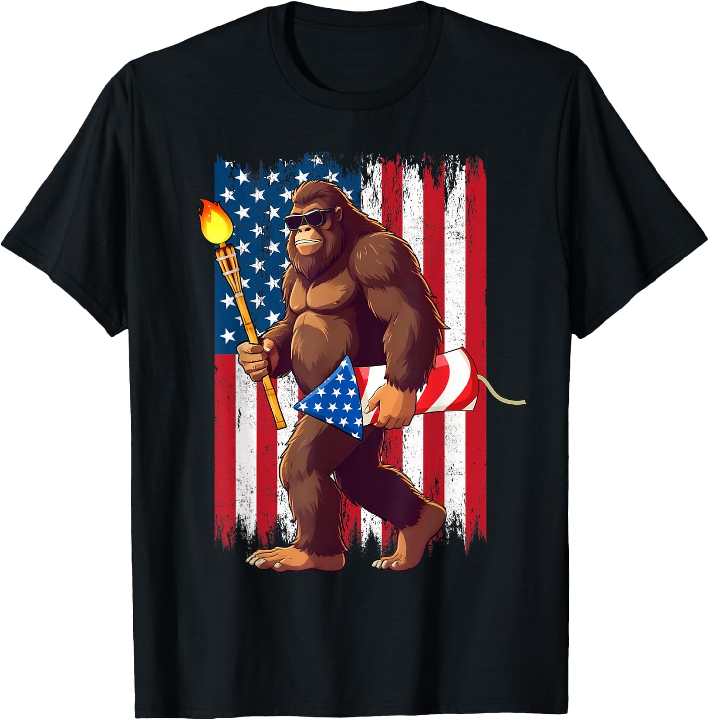 Bigfoot Fireworks 4th of July Sasquatch American US Flag Men T-Shirt - T-Shirt | Black