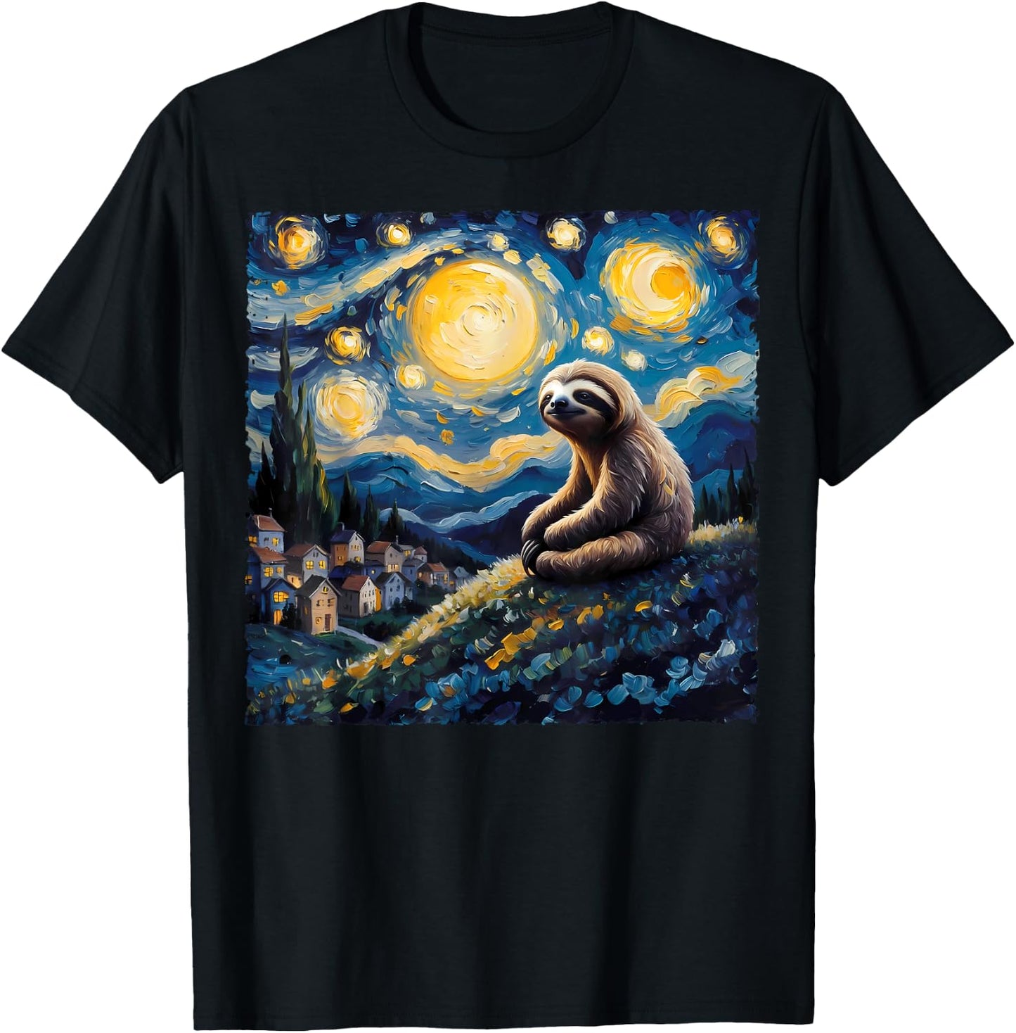 Van Gogh Style Funny Sloth Lover The Starry Night Painting T-Shirt - T-Shirt | Black