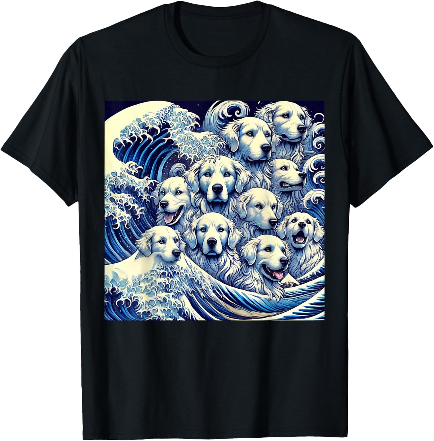 Blue Dogs Wave Japanese Art Women Men Kids Anime Graphic T-Shirt - T-Shirt | Black