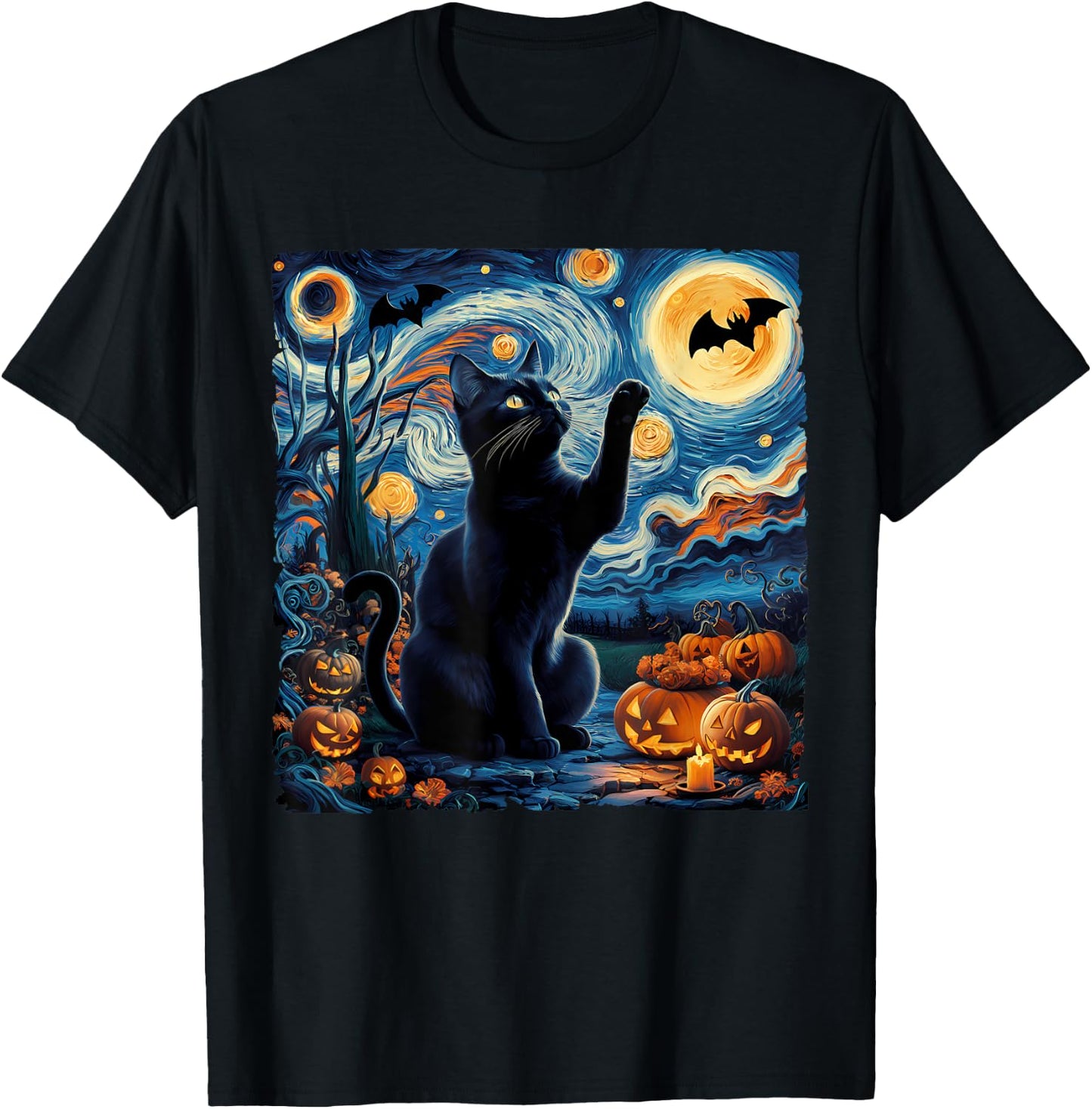 Halloween Van Gogh' Starry Night Black Cat Pumpkins Bats Women Kids T-Shirt - T-Shirt | Black