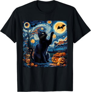 Halloween Van Gogh' Starry Night Black Cat Pumpkins Bats Women Kids T-Shirt - T-Shirt | Black