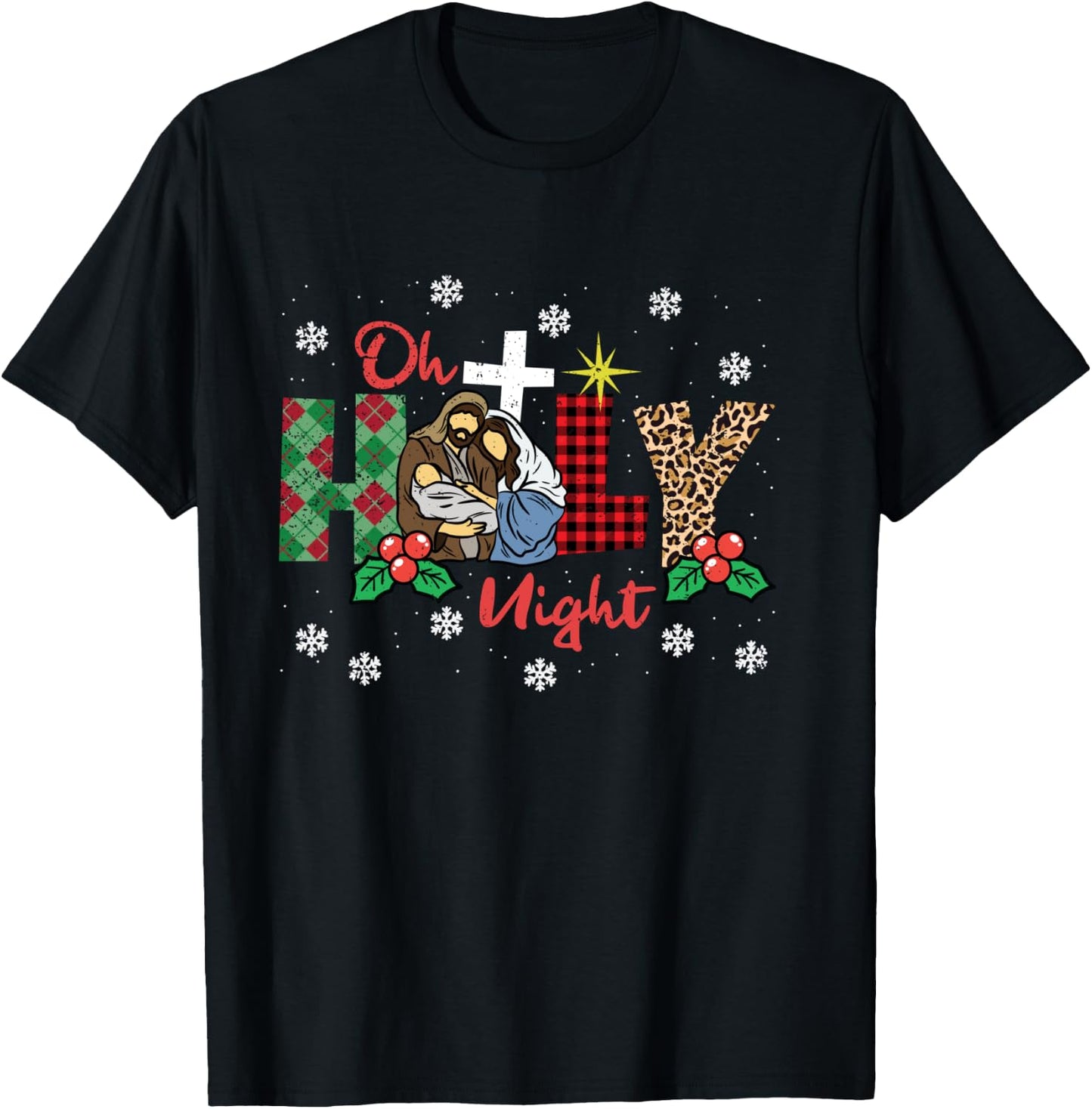 Oh Holy Night Christmas Pajama X-Mas Plaid Christian T-Shirt - T-Shirt | Black