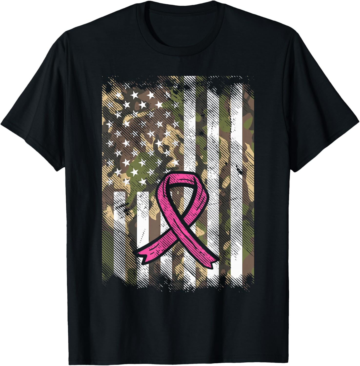 Camo Flag Pink Ribbon Breast Cancer Awareness Patriotic T-Shirt - T-Shirt | Black