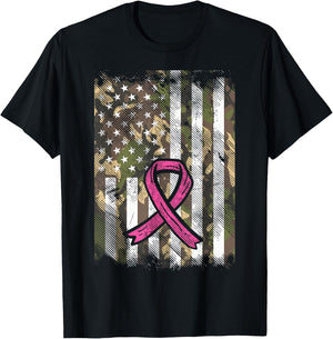 Camo Flag Pink Ribbon Breast Cancer Awareness Patriotic T-Shirt - T-Shirt | Black