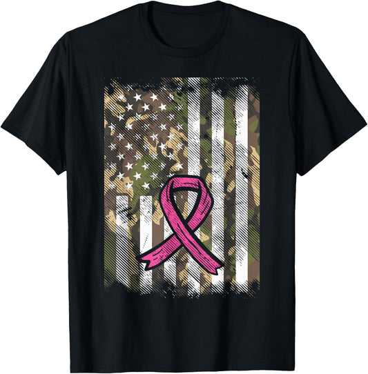 Camo Flag Pink Ribbon Breast Cancer Awareness Patriotic T-Shirt - T-Shirt | Black