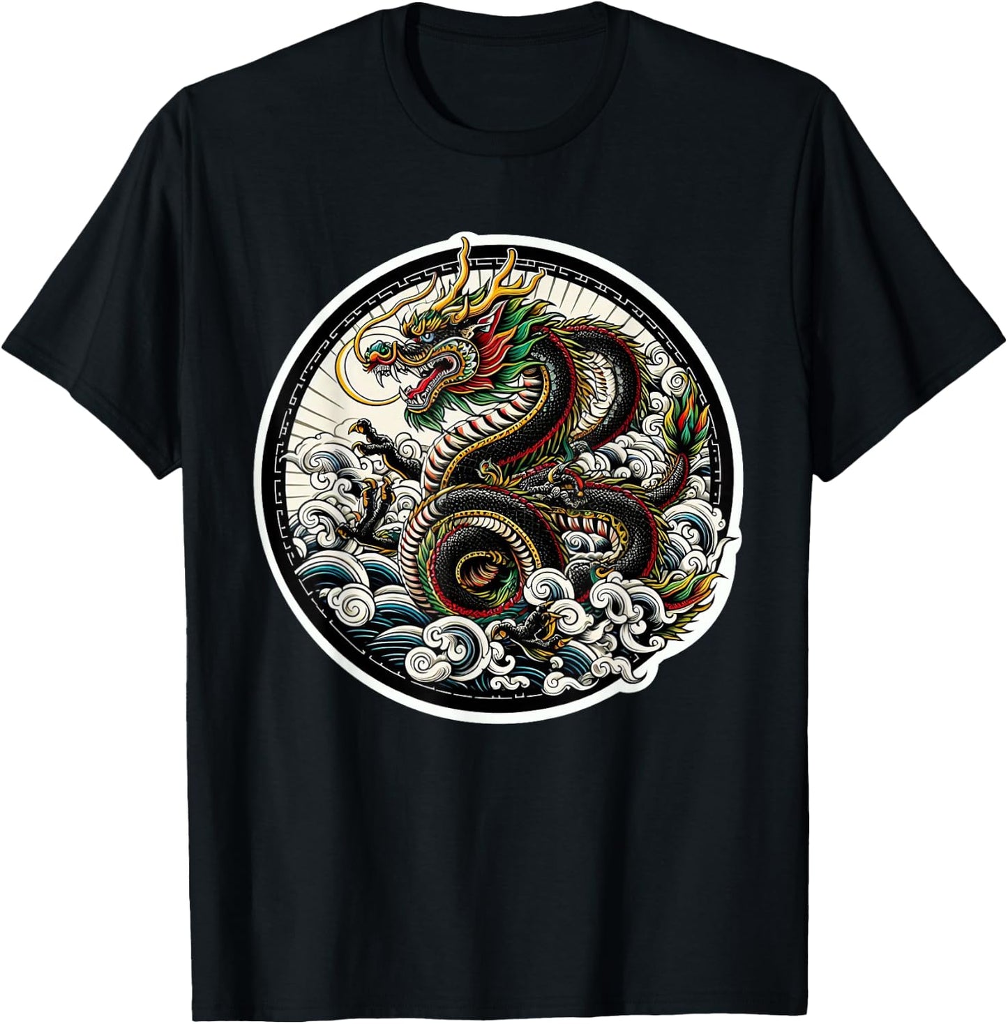 xDevery Asian Dragon Green Lucky Tattoo Design Colourful Vivid , Small, Black T-Shirt - T-Shirt | Black