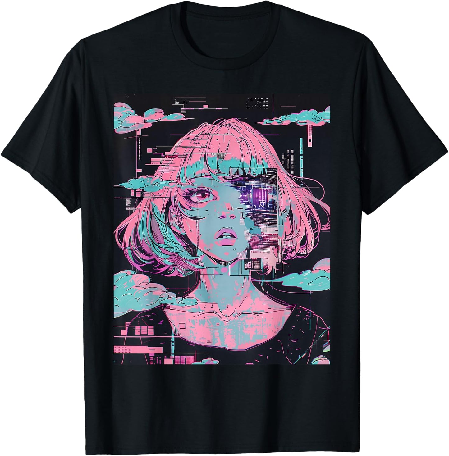 Anime Girl Vaporwave Glitchcore Pastel Goth Distressed T-Shirt - T-Shirt | Black